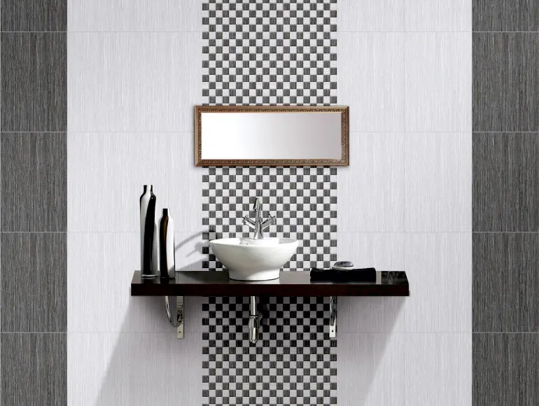 Elegant grey bathroom with countertop sink, mirror and Dorma ceramic wall tiles